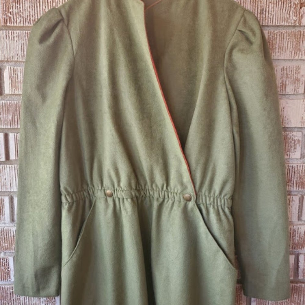 Vintage Green Wrap Dress Coral Trim Button Waist Pockets Long Sleeve Midi - Picture 2 of 6